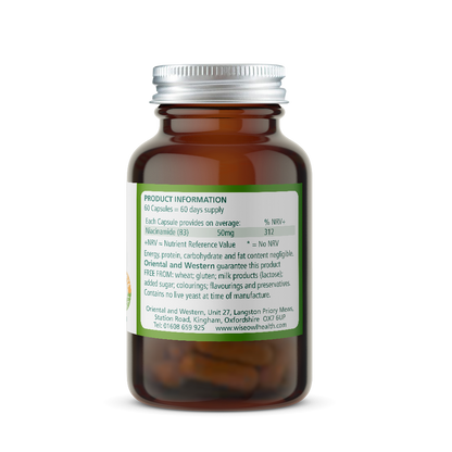 Brown Niacinamidesupplement bottle with a green label on a white background
