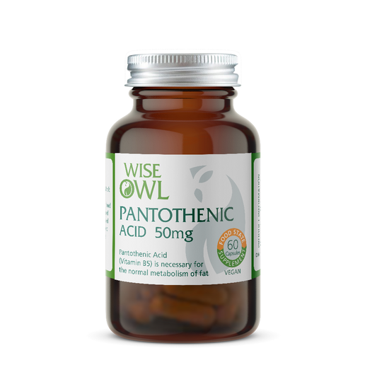 Pantothenic acid 50mg Vitamin supplement bottle on a white background