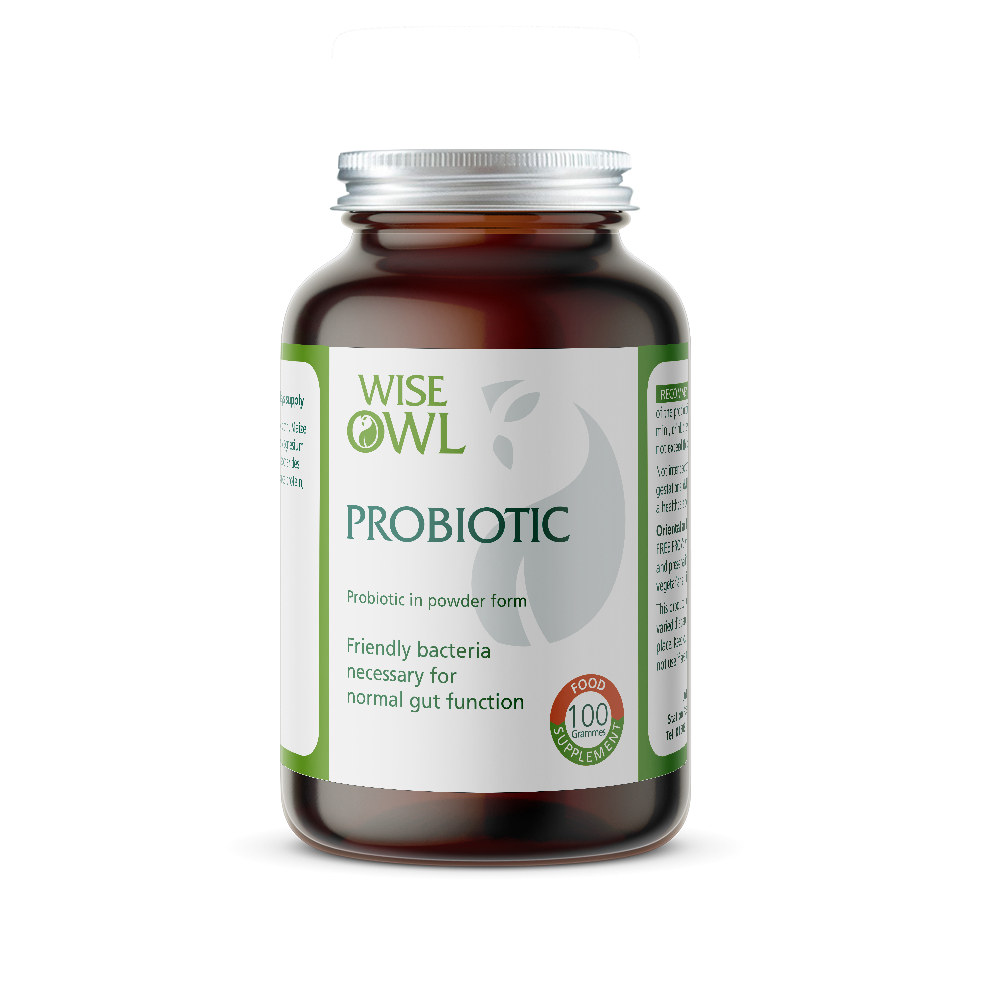 Probiotic powder form label by Wise Owl Health