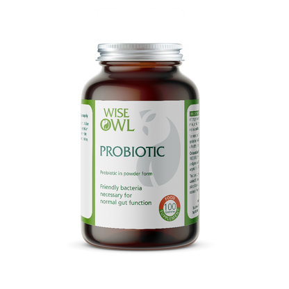 Probiotic powder form label by Wise Owl Health