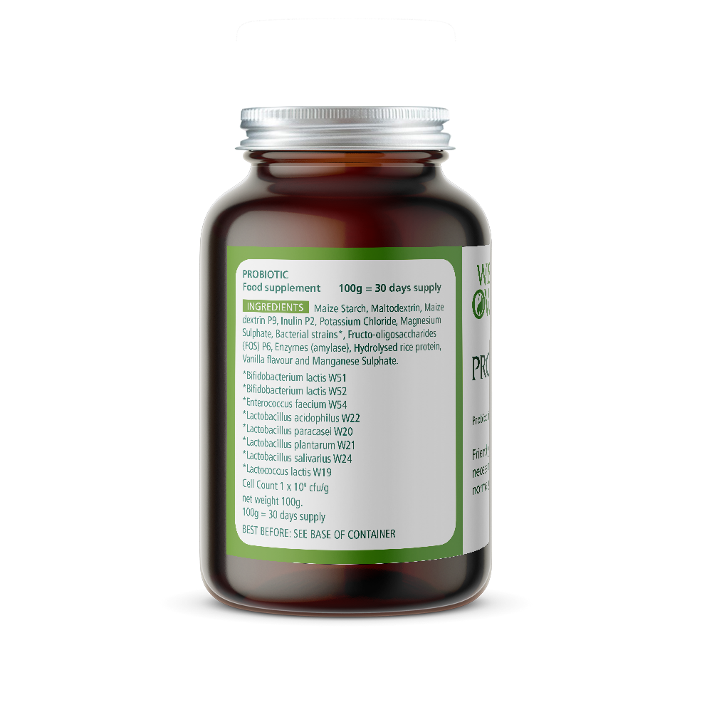Probiotic powder form ingredients label by Wise Owl Health
