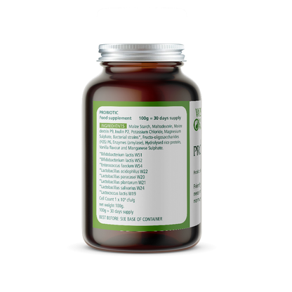 Probiotic powder form ingredients label by Wise Owl Health