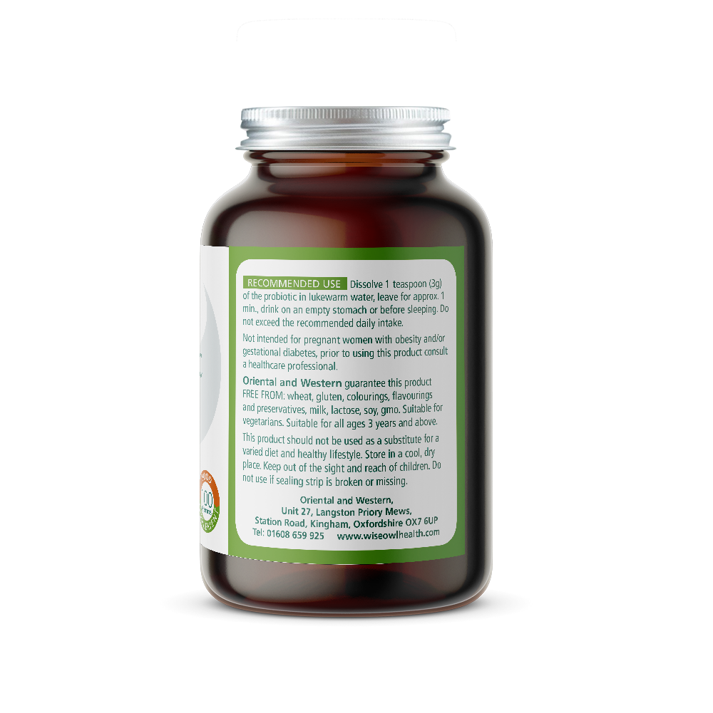 Probiotic powder form product information and recommended usage label by Wise Owl Health