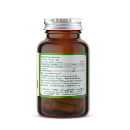 Brown Rhodiola 200mg Wise Owl Health Supplement Bottle with product information label.