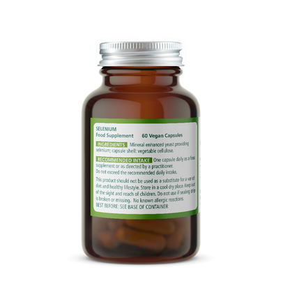 Selenium Vitamin supplement bottle with label on a white background