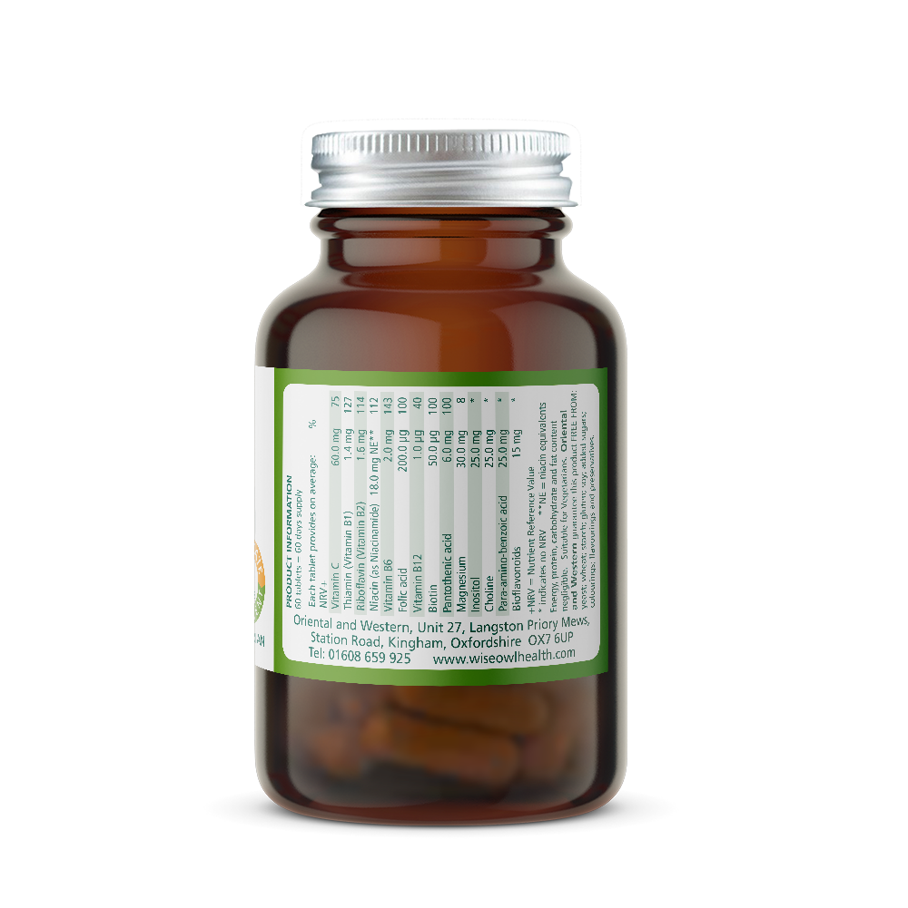 Amber glass Vitamin B supplement bottle with a green Product Information label on a white background