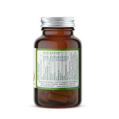 Amber glass Vitamin B supplement bottle with a green Product Information label on a white background