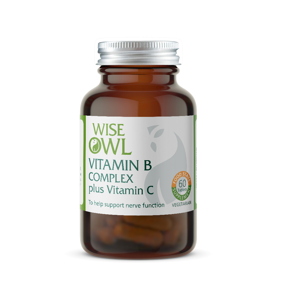 Bottle of Wise Owl Vitamin B Complex plus Vitamin C on a white background