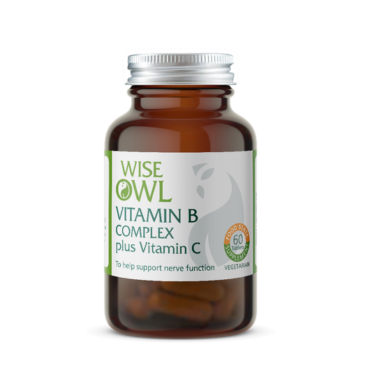 Bottle of Wise Owl Vitamin B Complex plus Vitamin C on a white background