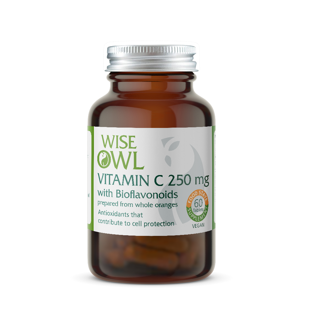 Vitamin C supplement bottle with 'Wise Owl' label on a white background