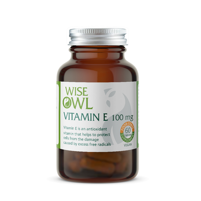Bottle of Wise Owl Vitamin E 100 mg on a white background
