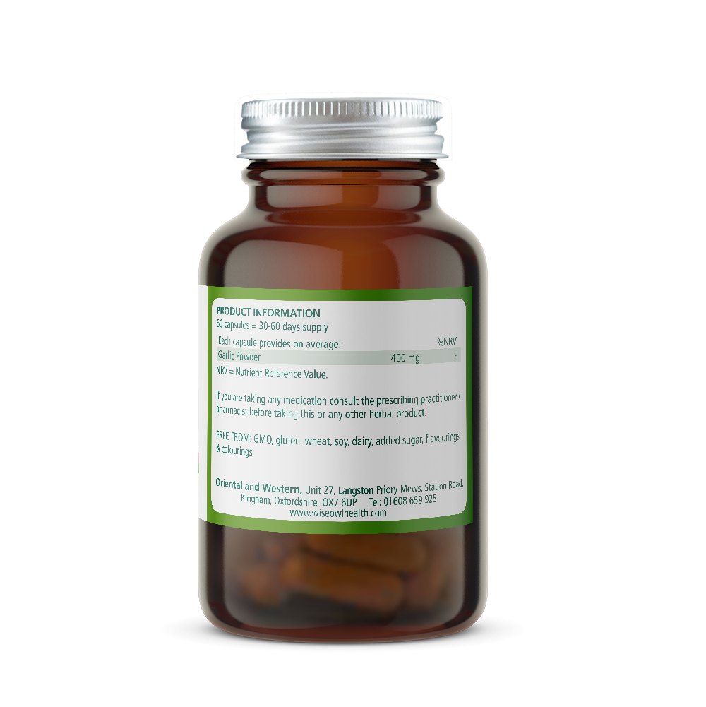 Bottle of Wise Owl Health Garlic 400mg supplement with green product information label on a white background