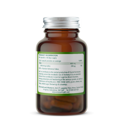 Brown supplement bottle labeled 'Wise Owl Kelp 400mg' with product Information label on a white background