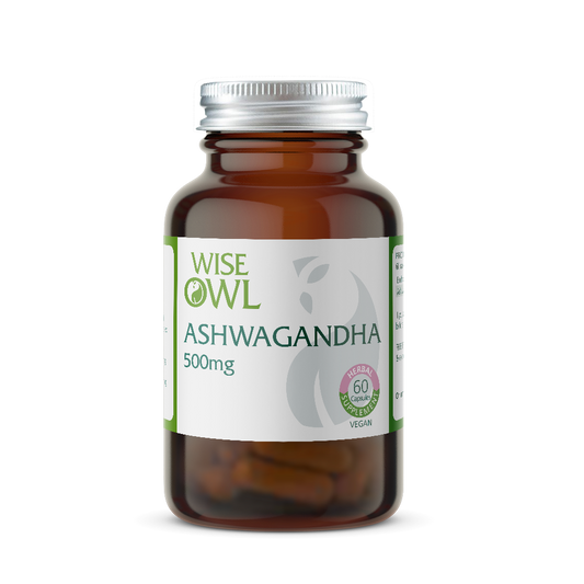 Bottle of Wise Owl Health Ashwagandha supplement on a white background