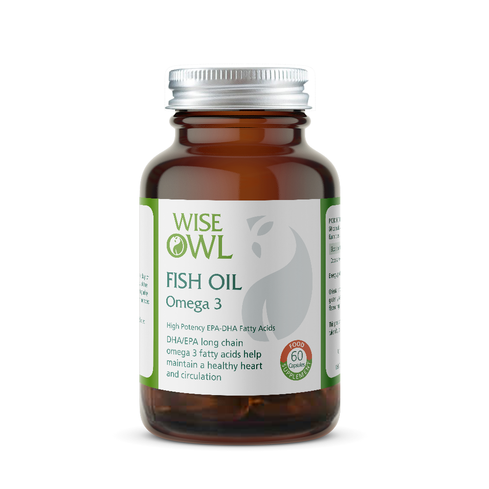 Bottle of Wise Owl Fish Oil Omega 3 on a white background