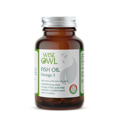 Bottle of Wise Owl Fish Oil Omega 3 on a white background