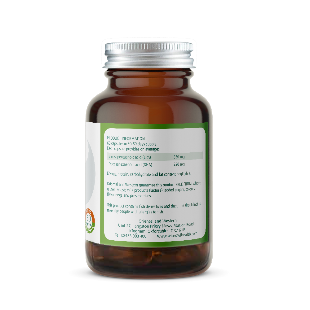 Brown Wise Owl Health Fish Oil supplement bottle with a green Product Information label on a white background