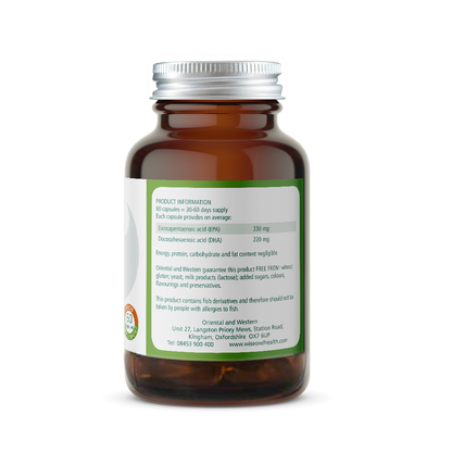 Brown Wise Owl Health Fish Oil supplement bottle with a green Product Information label on a white background