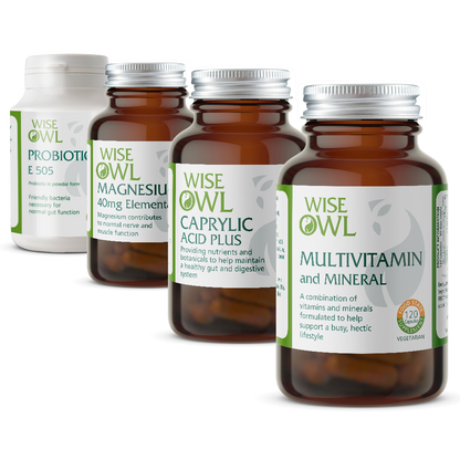 Collection of Wise Owl supplement bottles on a white background