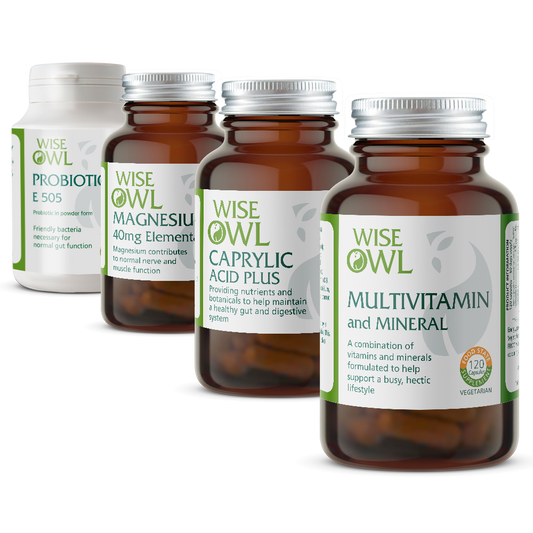 Collection of Wise Owl supplement bottles on a white background