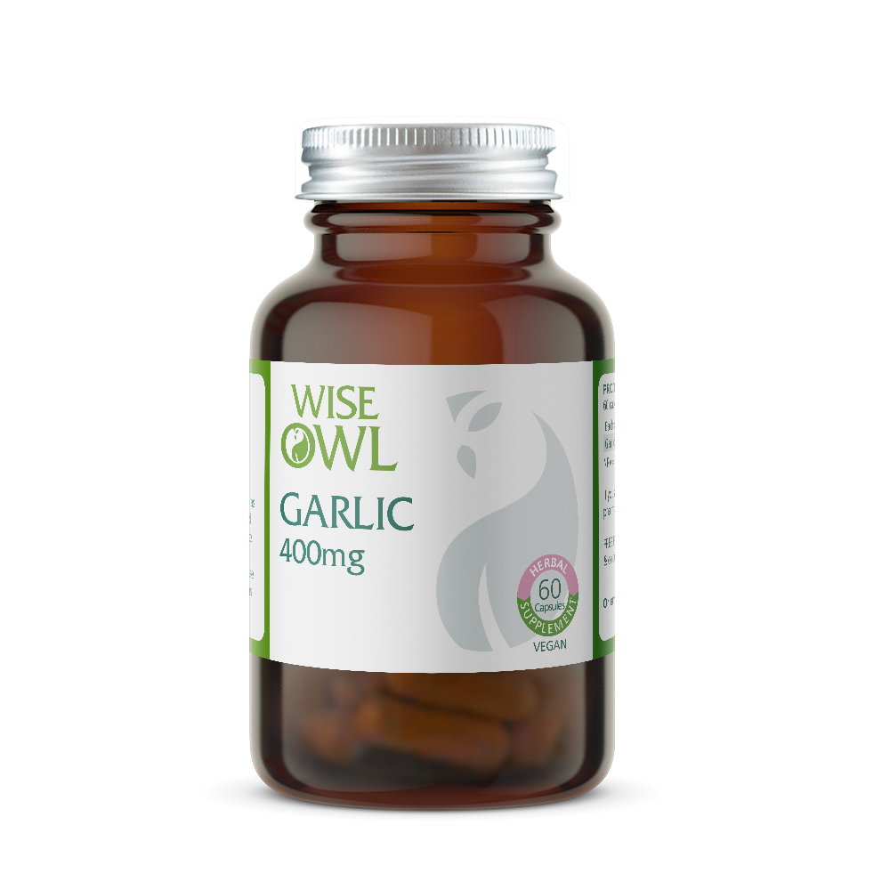 Bottle of Wise Owl Health Garlic 400mg supplement on a white background