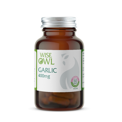Bottle of Wise Owl Health Garlic 400mg supplement on a white background