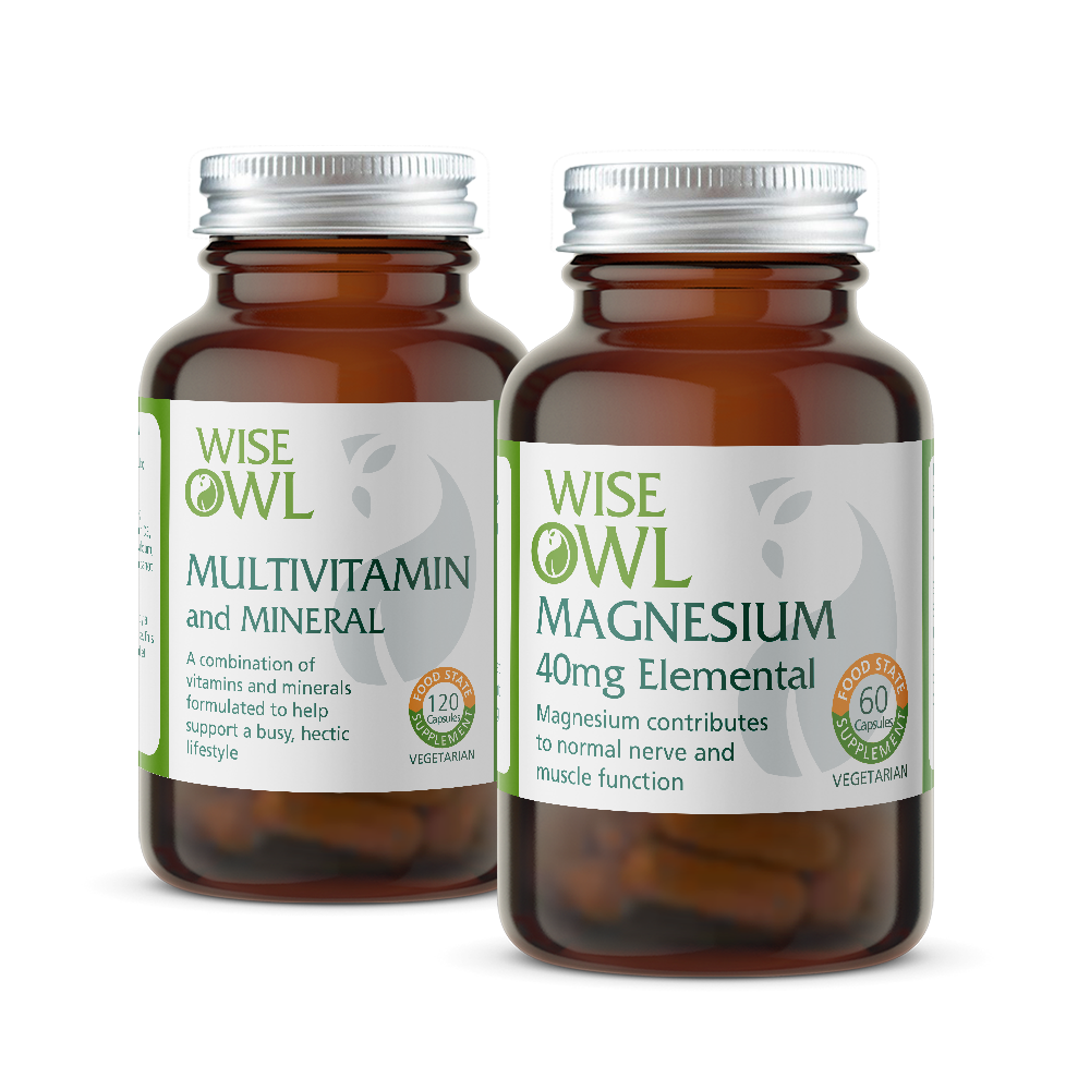 Two bottles of Wise Owl supplements on a white background