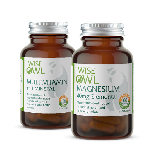 Two bottles of Wise Owl supplements on a white background