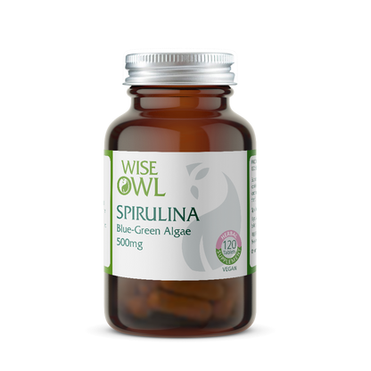 Bottle of Spirulina Wise Owl supplement on a white background