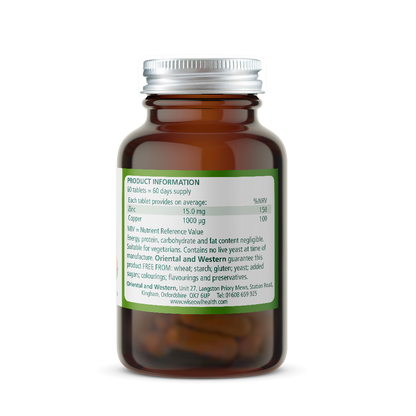 Brown Wise Owl Health Zinc Copper supplement bottle with a green product ingredients label on a white background