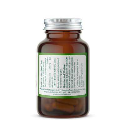 Pantothenic acid 50mg Vitamin supplement bottle with product information on a white background